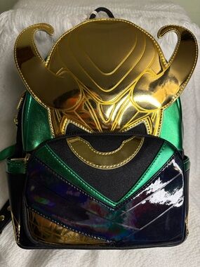 Loungefly Green Black Gold Loki Helmet Mini Backpack